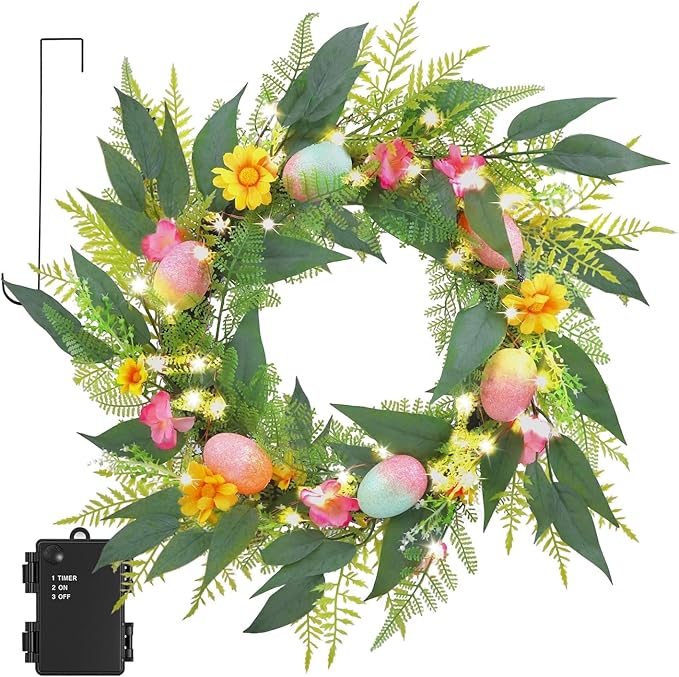 20 Inchs Easter Wreath for Front Door, Decor with Easter Eggs, Flowers & Leaves, Come with Hanger/Hook, 50LED Lights, Timer, for Outdoor Indoor Wall Window, for Spring Summer Hoilday, Gift