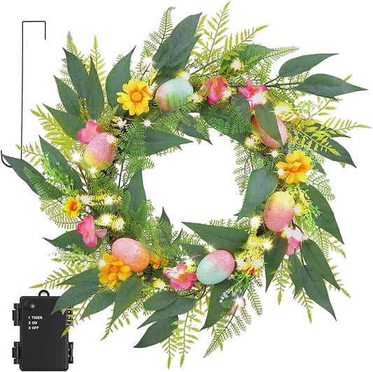 20 Inchs Easter Wreath for Front Door, Decor with Easter Eggs, Flowers & Leaves, Come with Hanger/Hook, 50LED Lights, Timer, for Outdoor Indoor Wall Window, for Spring Summer Hoilday, Gift
