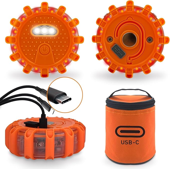 USB-C Rechargeable LED Road Flares Emergency Lights-Large Capacity (Lithium Battery) 3 in 1 Cable Roadside Warning Car Safety Beacon Flashing Disc Kit with Magnetic Base for Vehicles