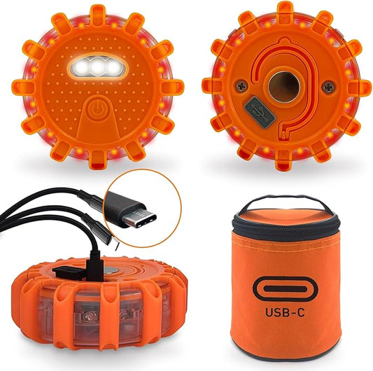 USB-C Rechargeable LED Road Flares Emergency Lights-Large Capacity (Lithium Battery) 3 in 1 Cable Roadside Warning Car Safety Beacon Flashing Disc Kit with Magnetic Base for Vehicles
