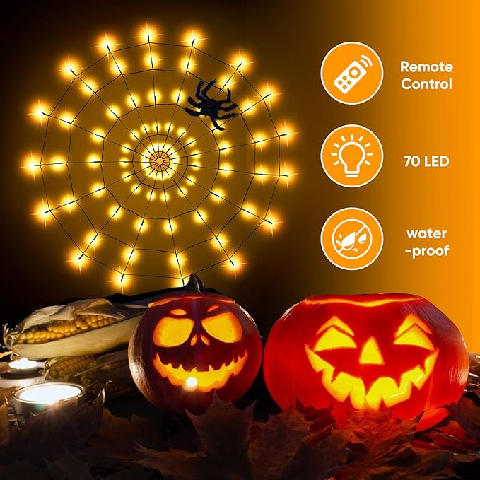 Halloween Decorations Spider Web Lights - 2 Pcs Light Up Spider Web, 4FT Diameter 70 LED with Black Spider, Waterproof, Remote Control, 8 Modes Cobweb Halloween Decorations (Purple+Orange)