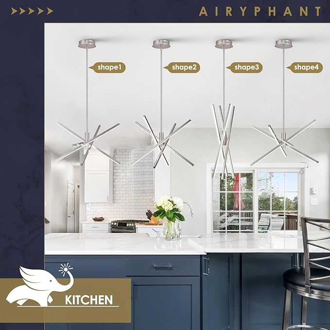 Nickel Modern LED Chandelier, Dimmable 4 Lights Ceiling Pendant Lighting for Dining Room Living Room Kitchen Island Bedroom Foyer 3000K/4000K/5000K 3CCT Selective, 27.76in