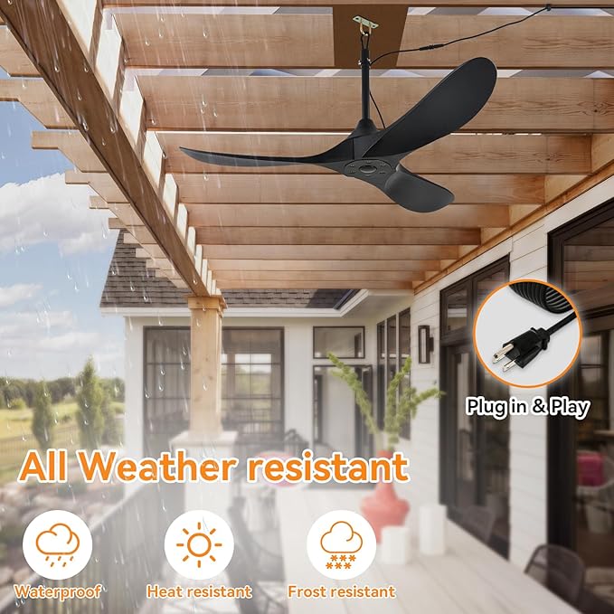 Outdoor Ceiling Fan no Light Waterproof - Plug in Hanging Hook for Patio, Porch, Gazebo - 42 inch Wet Rated Weatherproof Exterior Black 3 Blades Ceiling Fan with Remote