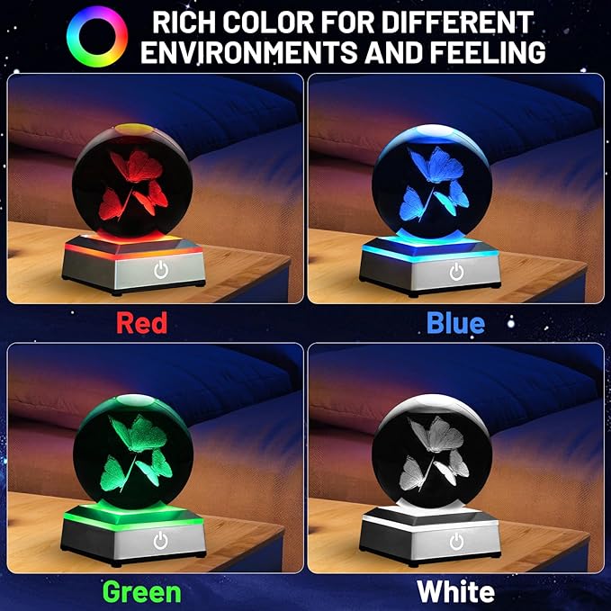 3D Crystal Ball Night Light with LED Colorful Touch Base - Butterfly Gifts for Women, Kids & Teens - 3.15' Glass Sphere Lamp - Home Decor
