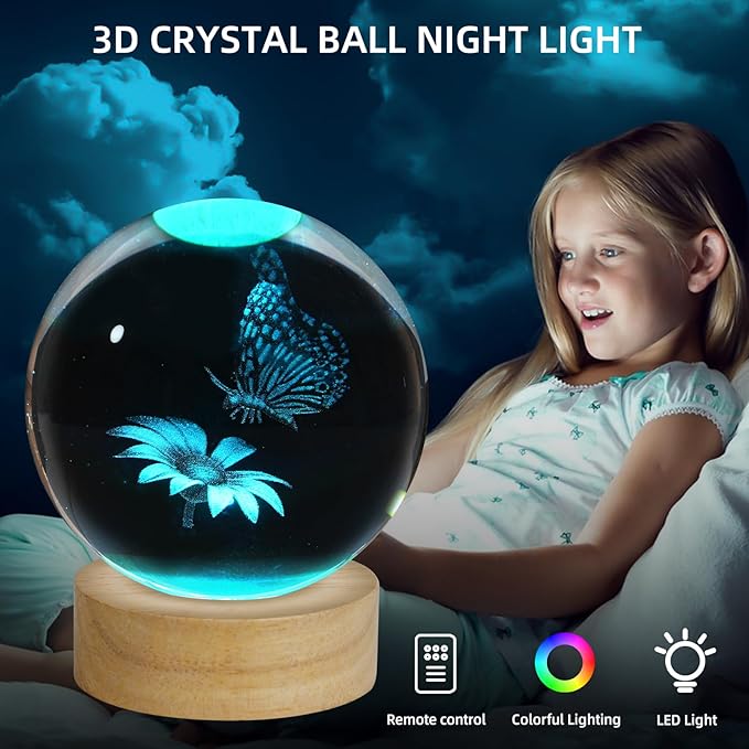 3D Butterfly Crystal Ball Night Light, Upgraded 3.15 Inch Glass Ball Lamp with 16 Color LED Wooden Base, Butterfly Lamp Bedroom Decor Birthday Christmas Butterfly Gifts for Kids Friends