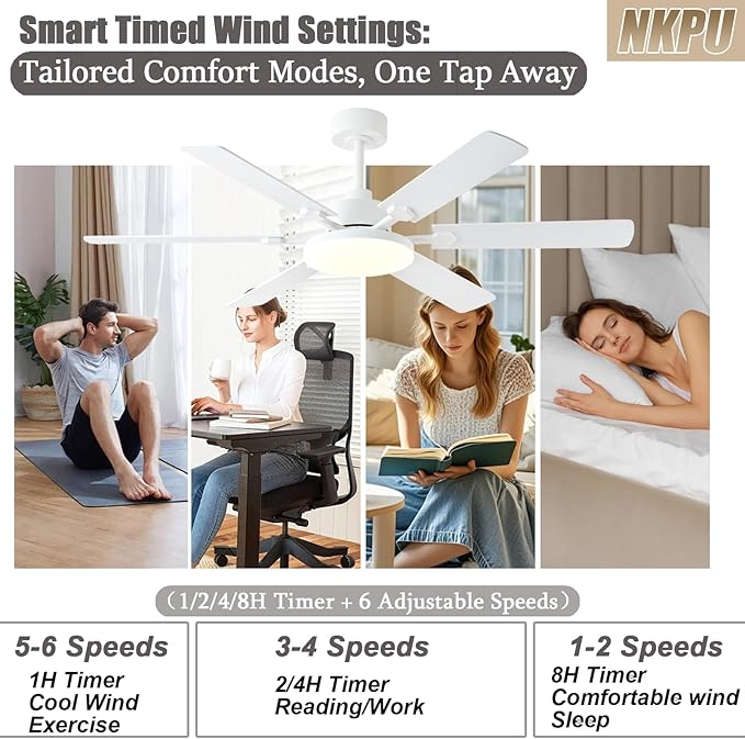 56 Inch Ceiling Fans with Lights, Modern White Ceiling Fan with Light and Remote Control, 6 Double Sided Blades, 6 Speed Reversible Motor, Dimmable LED, Silent Timing, Indoor Outdoor Patio Use