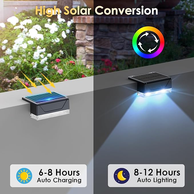 8PK Solar Fence Lights Outdoor - Warm White & RGB 6 Color, Dusk to Dawn Deck Light, IP65 Waterproof Garden Lights for Outside/Backyard/Railing/Step/Patio/Wall
