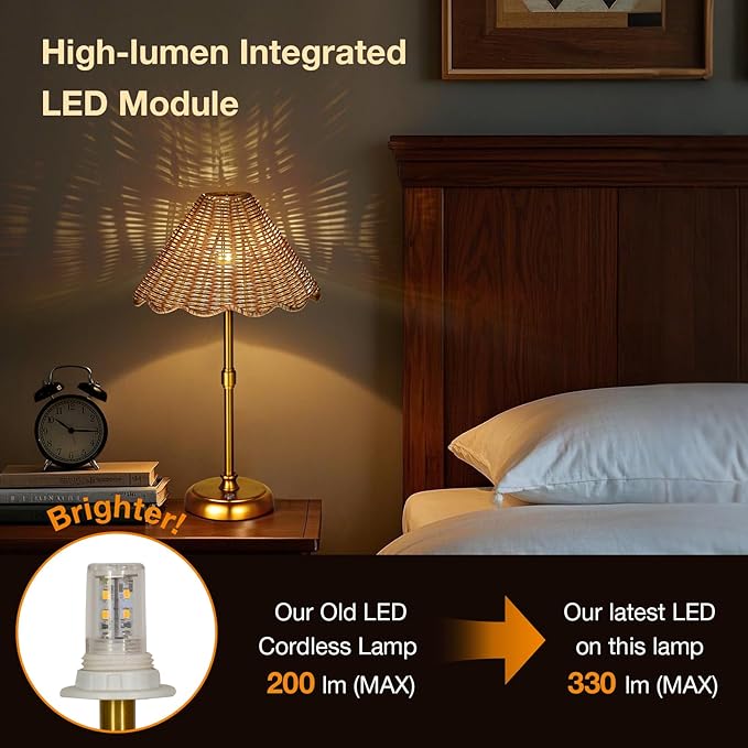 Cordless Boho Rattan Table lamp, 5200-mAh Rechargeable Battery, 3-level Brightness Dimmable, Build-in Integrated LED 320 Lumen Max, Rattan Shade, for Bedside Restaurant Resort Hotel Dining Table