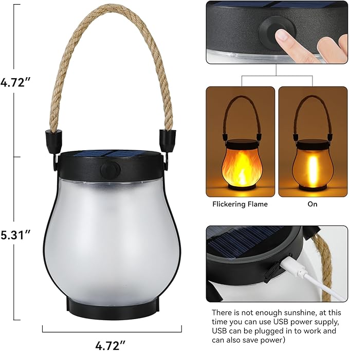 Solar Lanterns Outdoor Waterproof, 2 Pack Dancing Flame Solar Lantern Outdoor Lights, USB/Solar Powered Hanging Outdoor Lanterns Decorative for Outside Porch Yard Garden Patio Decor