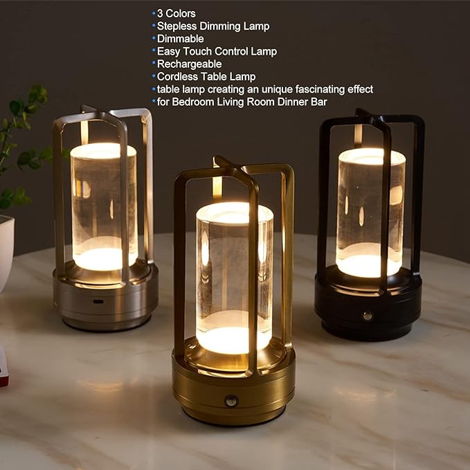 Stylish Cordless Table Lamp 3 Colours Stepless Dimmable LED Table Lamp Rechargeable Touch Lamp Portable Bedside Lamp Nightstand Lamp Table Decorative Lamps (Black)