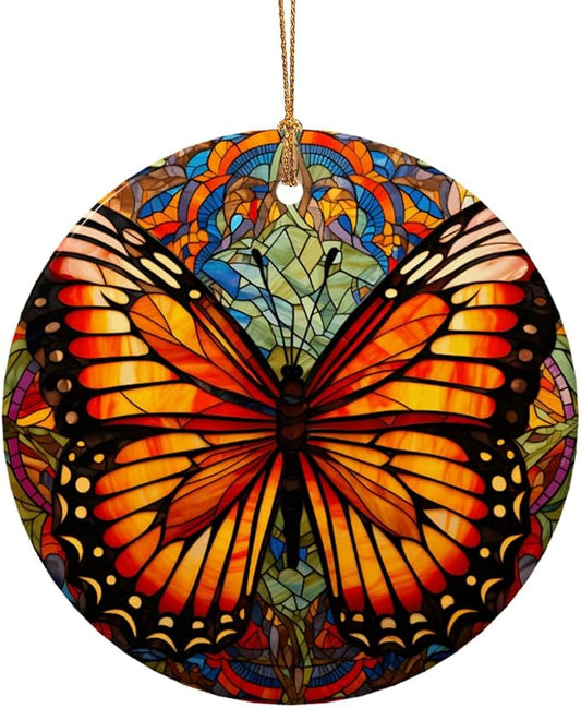 Butterfly Boho Glass Painting Christmas Ornaments, Christmas Decorations Xmas Tree Hanging Ornaments, Round Ceramic Festive Keepsake Gift for Xmas Decorations Holiday Home Decor