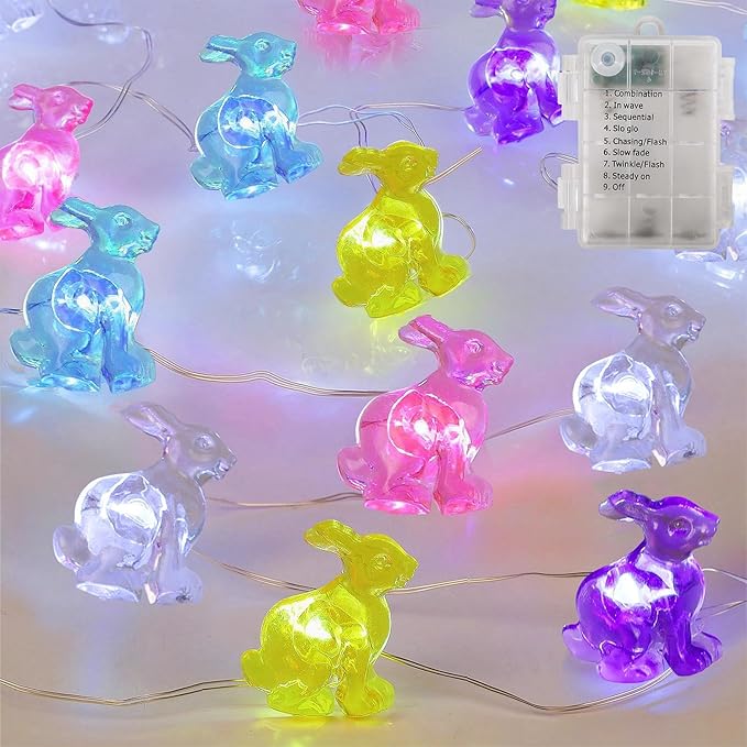 WATERGLIDE 1 Pack Easter Decorative Lights, 16FT 50LED Colorful Bunny String Fairy Lights, Battery Operated Rabbit Shaped Lights, 8 Modes & Timer, Waterproof Indoor Outdoor for Easter Party Home