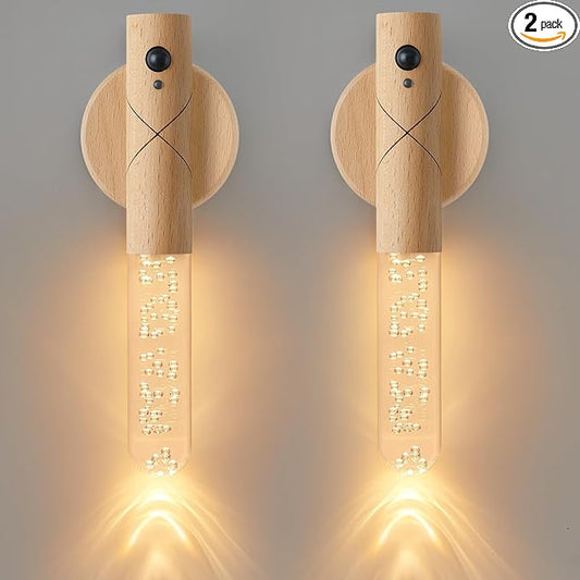 Wall Sconces Set of Two Battery Operated, Motion Sensor Night Light Battery Powered Sconce Rechargeable Wall Sconce, Peel and Stick Sconce Lights for Stair Hallway (White Ash Wood-Bubble)