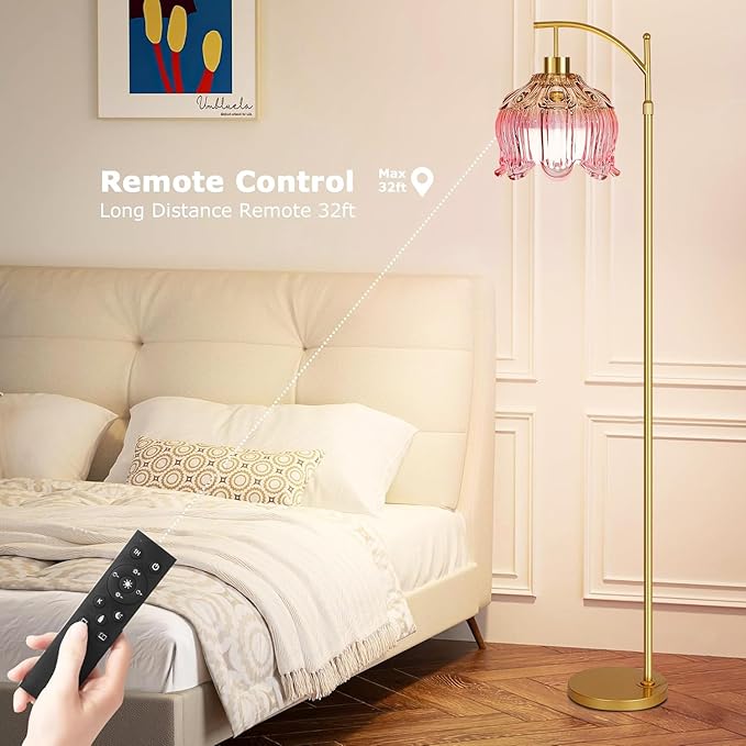 Pink Floor Lamp for Living Room,Bedroom,Glass Mid Century Modern Standing Lamp with Remote,Dimmable Gold Brass Tall Lamp Tulip Flower Arc Floor Light Boho Bohemian