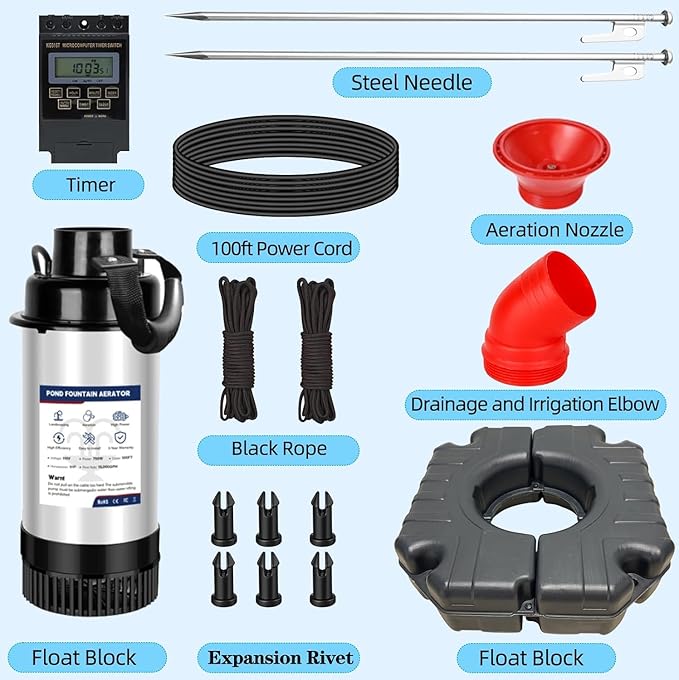 Pond Fountain Aerator, Pond Fountain, 1 HP Pond Aerator /110V 15,000 GPM, 100-foot Power Cord + 2 x 33-Foot Ropes/Timer Aerator Fountain, Suitable for Various Ponds and Lakes