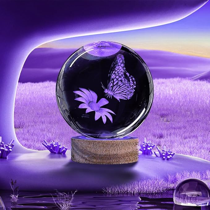 3D Crystal Ball Night Light with Wooden Base, 3.15" Butterfly & Flower Figurine Glass Lamp with 16 Colors, Cute Desk Decor for Bedroom Gifts
