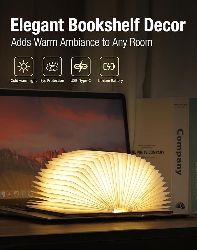 Wooden Book Lamp - Portable Folding LED Book Light for Reading, Unique Gift for Book Lovers, Magnetic Mood Lighting for Home&Library Decor (Maple)
