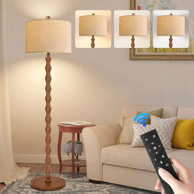 Vintage Floor Lamp for Living Room,Bedroom,Farmhouse Mid Century Standing Lamp with Remote,Dimmable Rustic Industrial Wood Tall Lamp Retro Floor Light Boho Bohemian