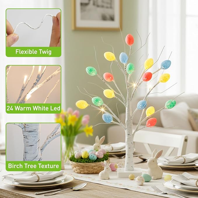 PEIDUO Easter Decorations, 22 inch Easter Tree with 24 LED Warm White, Battery Powered Egg Tree for Spring Home Table Decor