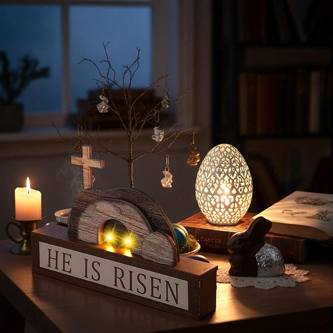 Yousoontic Empty Tomb Easter Scene and Cross Decoration He Is Risen Decor with Light String Wood Easter Tabletop Sign Christian Table Centerpiece Resurrection Scene Jesus Nativity Religious Home Decor