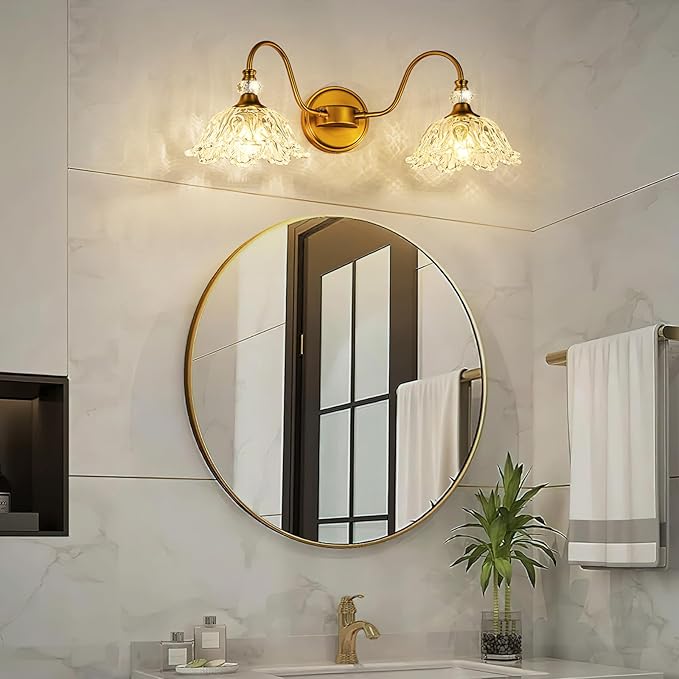 Vintage Bathroom Vanity Light, 2-Light Matte Brass Finish Vanity Light with Floral Clear Glass Shades, Retro Wall Sconce for Bathroom, Dressing Table