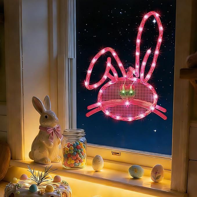 17" 40LED Lighted Pink Bunny Easter Decor, Soft Warm Glow for Window, 120V Plug-in, UL Certified, Beautiful Gift Box Packed
