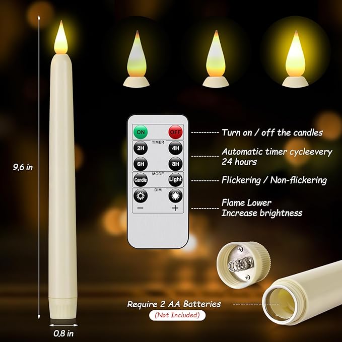 Flameless Taper Candles with Remote Control and Timer, Battery Operated LED Candlesticks with Flickering 3D Flame, 9.6 Inches Plastic Fake Candles for Christmas, Wedding and Home Decor (Ivory, 9)