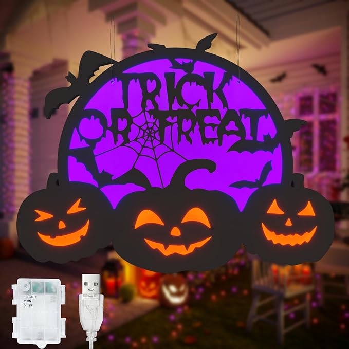 Halloween Pumpkin Lights, LED Connected Jack O Lantern With Light Up Purple Moons, Bat Spider Web & Trick or Treat Wording, USB & Battery Powered With Timer, Halloween Decorations Kids Wall Window Art