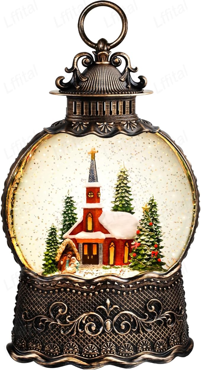 Christmas Snow Globes Church Snow Globe Lantern, Lighted Christmas Decorations Indoor for Home with Music Timer Glitter, Nativity Musical Festival Gifts, USB & Battery Operated 10.6 inch