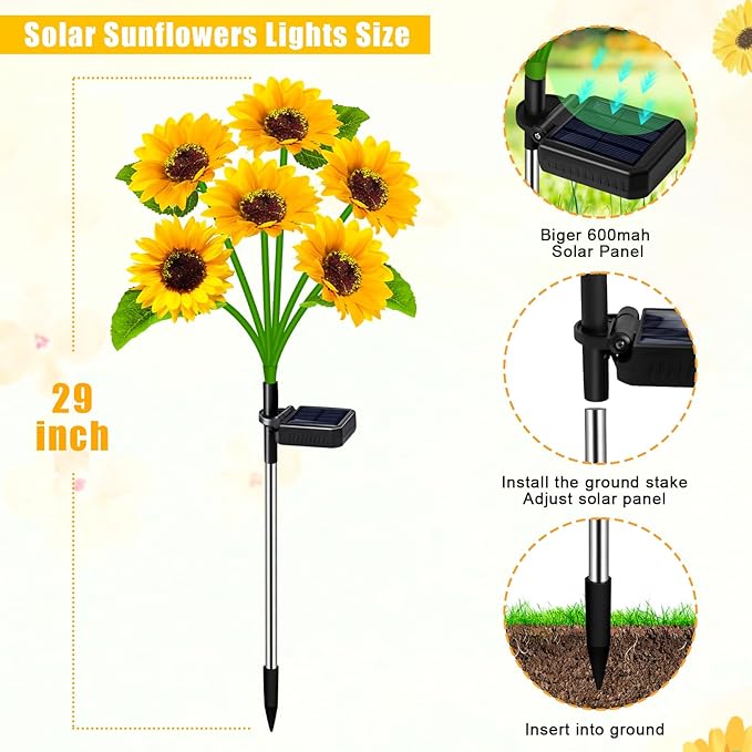 Solar Outdoor Lights Garden Decor,6 Pack Solar Sunflower Lights, 36 Waterproof Garden Decor Flower for Outside Yard Patio,Flower Bed, Pathway, Gift for Women, Mom, Grandma- 6 Pack