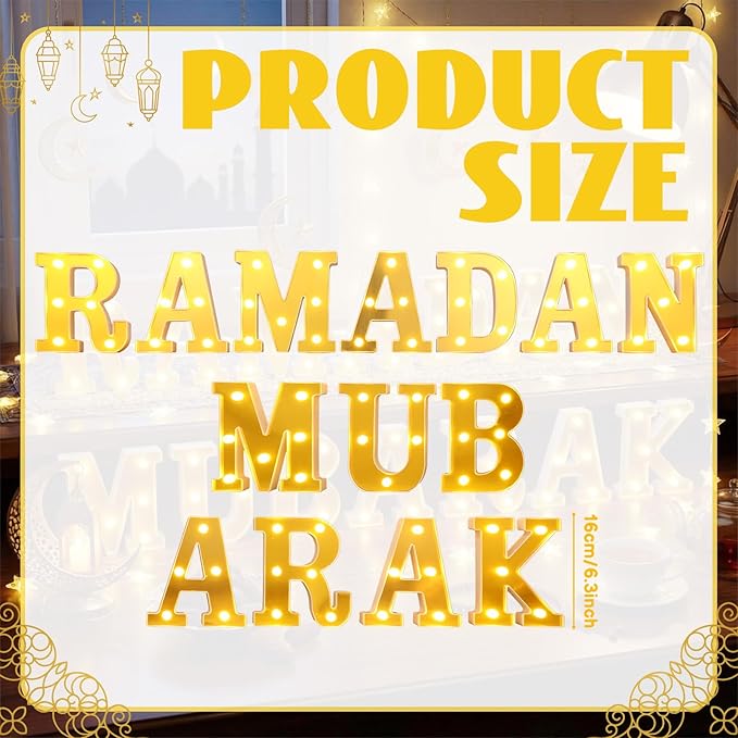 Ramadan Mubarak Large LED Lights Mirror-Effect Letter Lights Battery Powered Eid Mubarak Decorations for Party Decorations Indoor Outdoor