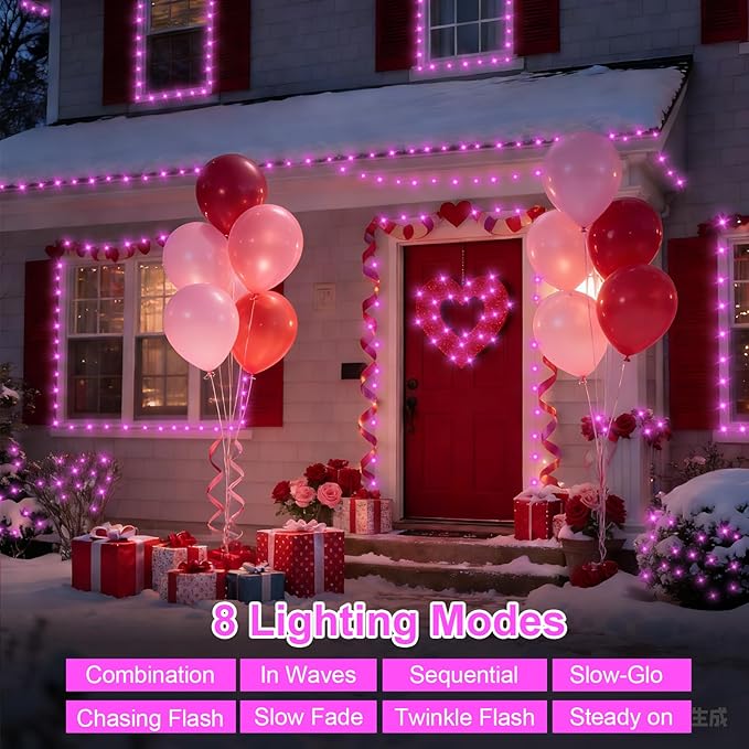 QITONG Pink Valentine Lights Outdoor, 165ft 500 LED String Lights Plug in, Clear Wire Twinkle Christmas Lights Indoor with 8 Modes
