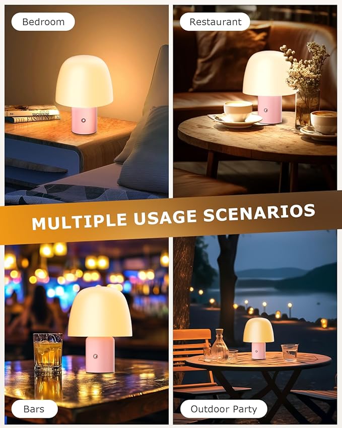 Portable LED Table Lamp, Cordless Desk Lamp Rechargeable, 3-Color Touch Stepless Dimming Night Light for Bedroom/Children's Room/Terrace/Dining Room/Cafe (Pink)