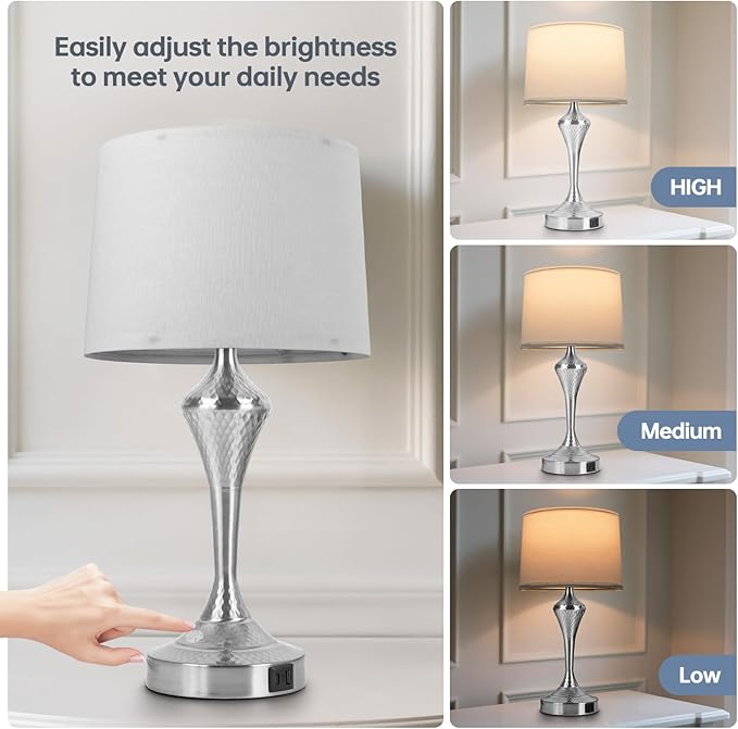 2 Pack Modern Touch Control Table Lamps with USB-C & USB-A Ports, 3-Way Dimmable Bedside Lamps, E26 Base Bulbs Included, for Bedroom Living Room, (Silver)