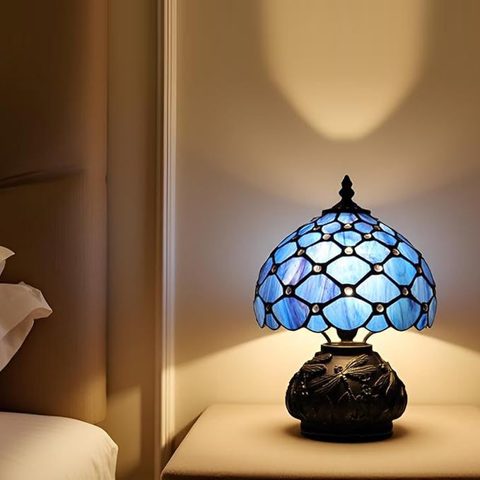 Small Tiffany Mushroom Table Lamp,Mini Memory Sympathy Antique lamp 8X11 Inch (Blue Beads)