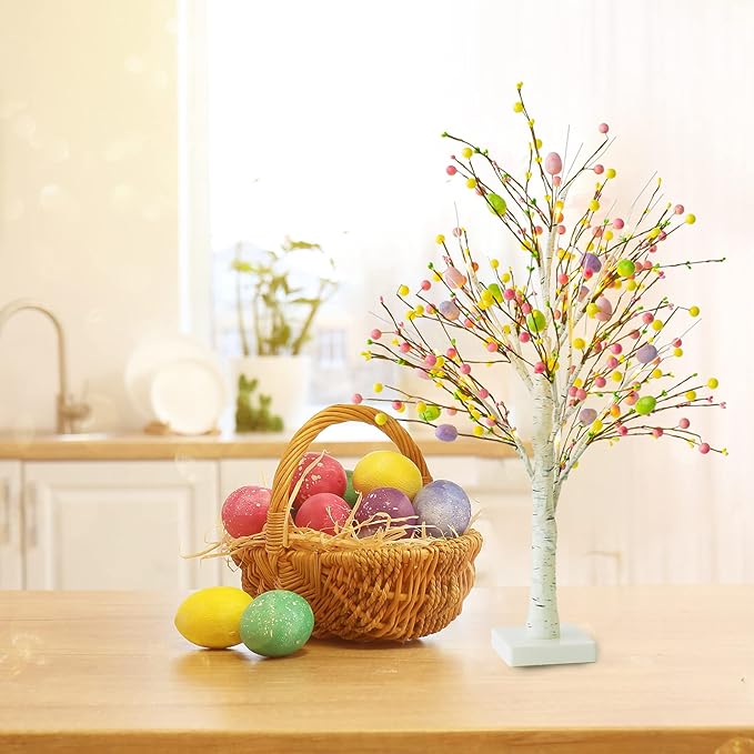Ethlomoer Easter Decorations, 2 Pcs 25 Inch Pre-Lit Easter Egg Tree with Timer, Battery Powered Easter Birch Tree with 24 LED Lights, Easter Trees for Home Party Wedding Holiday Spring Decoration
