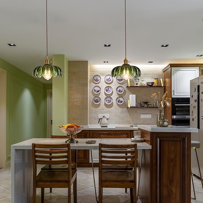 Plug in Pendant Light Fixtures: Hanging Light Plug in Green Glass Hanging Lamp, Pendant Lighting for Kitchen Island, Bedroom, Dining Room, Living Room, E26 No Bulb