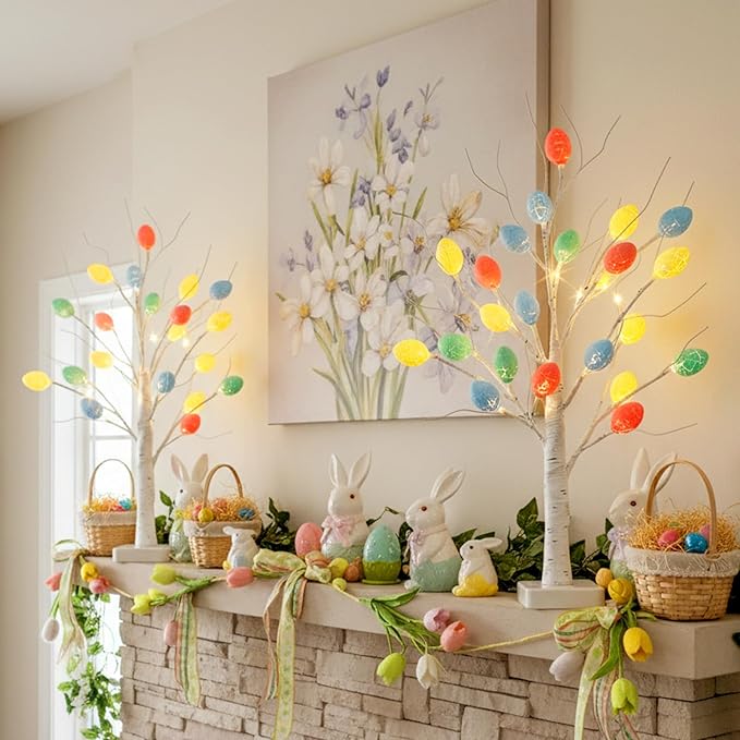 PEIDUO Easter Decorations, 2 Pcs Lighted Easter Tree with 36 Eggs, Battery Powered Birch Tree with Timer for Spring Decoration Indoor Decor (22inch /24 LEDs