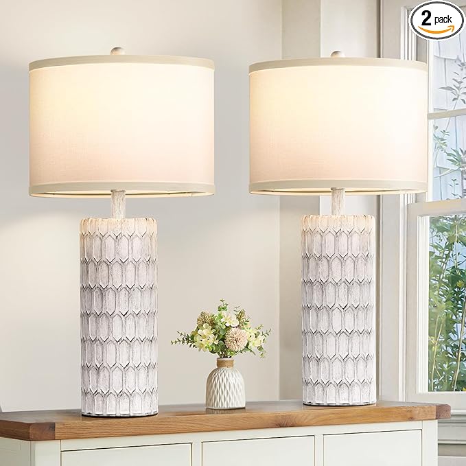 26" Farmhouse Table Lamps for Living Room Set of 2, Antique Traditional End Table Lamps for Bedroom Night Stand, White Shade Rustic Bedside Lamps with Grey-White Resin Body, Bulbs Included