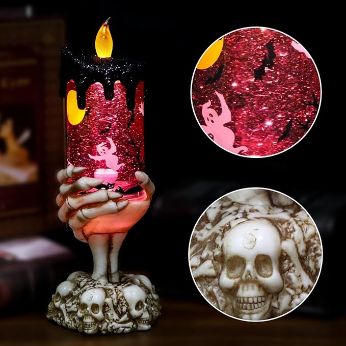 DRomance Halloween Snow Globe Flameless Candle with Timer, Battery Operated Tornado Lamp Skeleton Hand Candle Holder Purple Light Glittering Spinning Water Halloween Table Decor(Ghost, 4" x 10")