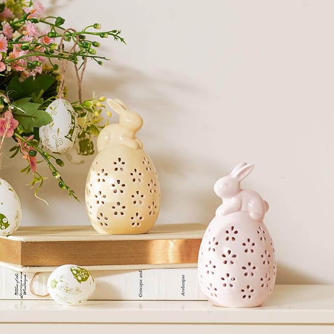 WDS WONDROUS Light Up Easter Decorations Bunny and Egg Figurines Set, LED Pink & Yellow Easter Spring Home Decor, Ceramic Rabbit Egg Sculpture for Farmhouse Tabletop Centerpiece Wedding Gifts 2PCS