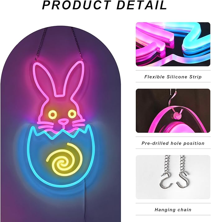Easter Egg Neon Sign - Bunny LED Wall Decor with Multicolor Glow, USB Powered Dimmable Spring Decor for Easter Party Decorations & Gift Ideas