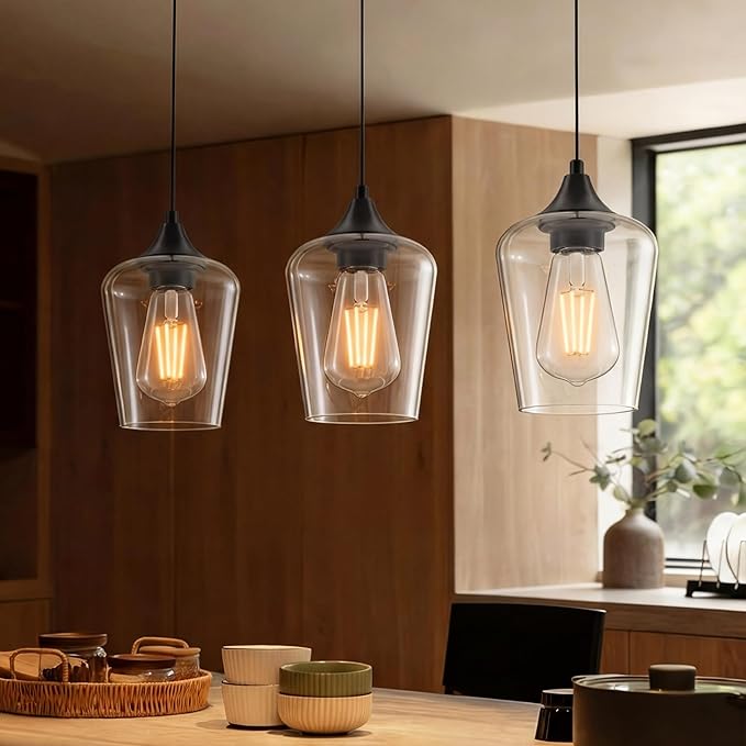 Ralbay Matte Black Industrial Pendant Light 3-Pack, Pendant Light Fixtures with Wine Clear Glass Shade, Adjustable Height for Kitchen Island, Farmhouse Dining Room Hanging Lighting Fixture