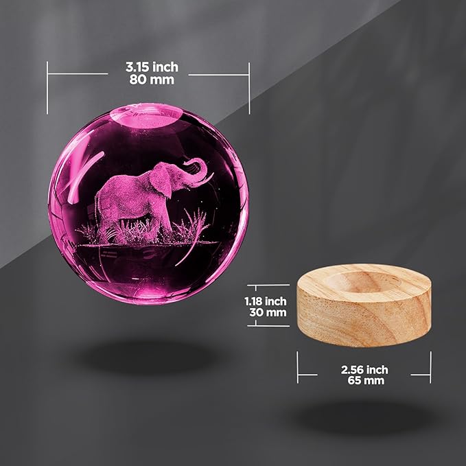 3D Elephant Crystal Ball Night Light 3.15 inch Glass Ball Lamp with 16 Color Changing Wooden Base and Remote Control Elephant Gifts for Kids Friends Birthday Christmas Room Decor