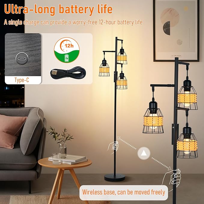 Rattan Boho Rechargeable Cordless Floor Lamp with Remote Dimmable 3 Bulb Edison E26 Brown Warm Light Vintage Standing Lamp for Bedroom,Outdoor,Living Room Rustic,Patio,Farmhouse,60.6" Black