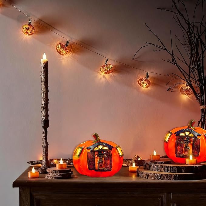 Halloween Skull Pumpkin LED Lantern - Light Up Decorations for Indoor Outdoor, Spooky-Pumpkin with Skeleton Design, Vintage Style Decor for Party, Porch, Tabletops, Mantles, Windowsills, Gardens