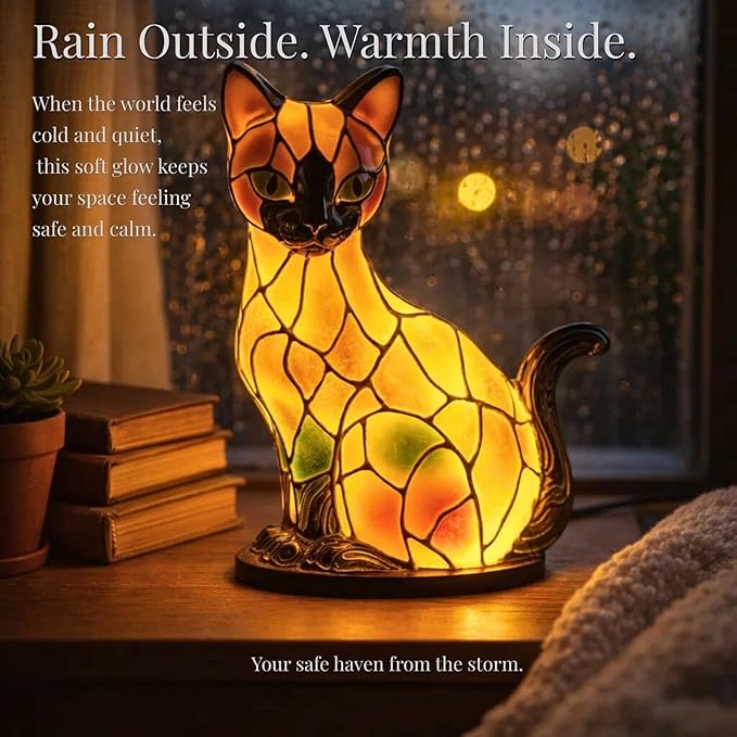 Cat Lamp, Stained Glass Cat Lamp, Decorative Resin LED Night Light for Cat Lovers, USB Vintage 3D Table Lamp Cozy Glow for Desk & Mantel – Fun Gift for Pet Owners (Siamese Cat A)