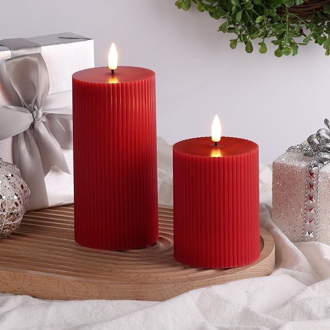Red Ribbed Flameless Pillar Candles with Remote, Flickering LED Wax Candles Battery Operated Set of 2