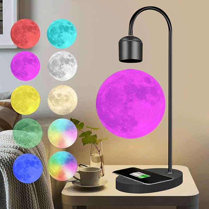 Magnetic Levitating Moon Lamp 15W Fast Phone Charging Pad Changeable 10 Colors Switchable Mix Colorful Colors with Touch KeyLevitation Floating 3D Moon Christmas Gift Office Home Decor