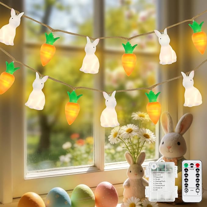 YIQU Easter Decoration String Lights, 10FT 12LED Bunny Carrot Mantel Garland Battery Operated with Remote Timer 8 Modes, Hemp Rope Banner for Fireplace Table Wall Spring Party Indoor Outdoor Decor